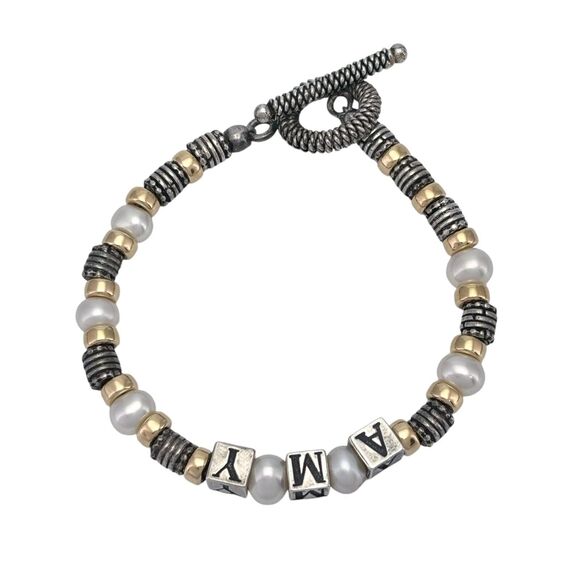 Sterling Silver 925 Gold Tone Beaded Pearl "AMY" Name Beaded Bracelet 6.75" - Picture 2 of 5
